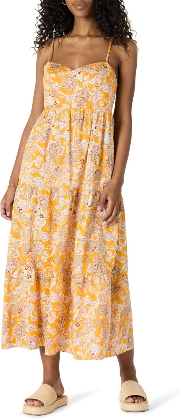 Women's Yellow Fit and Flare Empire Waist Cotton Sateen Tiered Maxi Dress - Summer Boho Style
