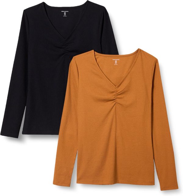 Black Cinched V-Neck Long Sleeve Slim-Fit Rib-Knit Women's T-Shirts