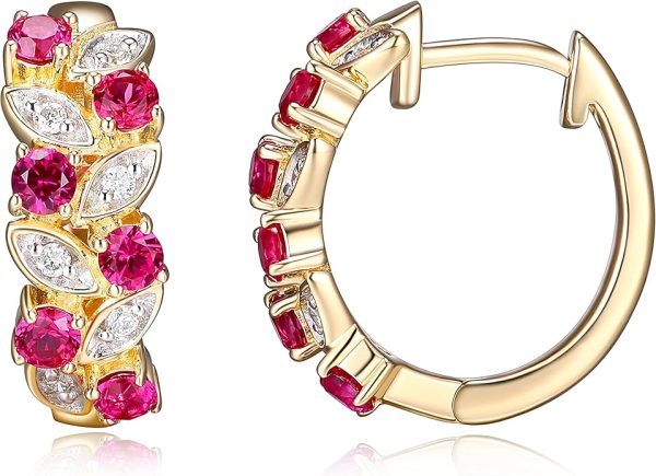Women's Lab Grown Diamond Hinged Hoop Earrings with Created Gemstones in Sterling Silver - Red/Gold/White