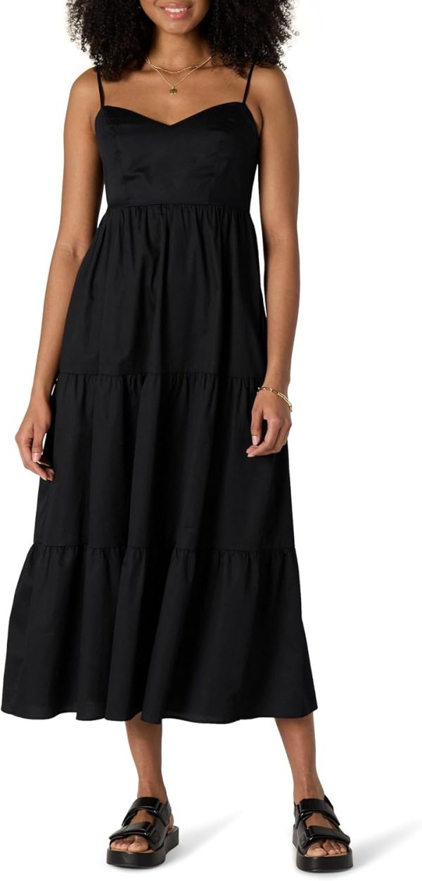 Women's Black Fit and Flare Empire Waist Cotton Sateen Tiered Maxi Dress