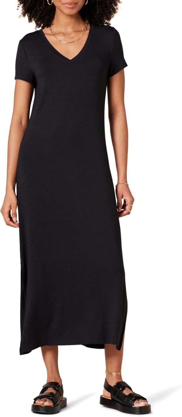 Black Jersey V-Neck Midi Dress for Women - Sleeveless Casual Wear
