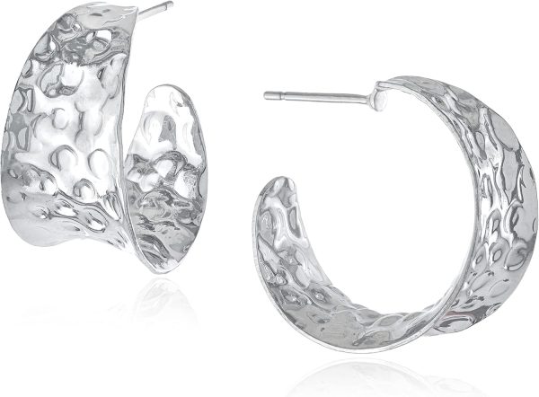 Silver Women's Fine Silver Plated 25mm X 13.7mm Medium Hammered Post Hoop Earrings Jewelry