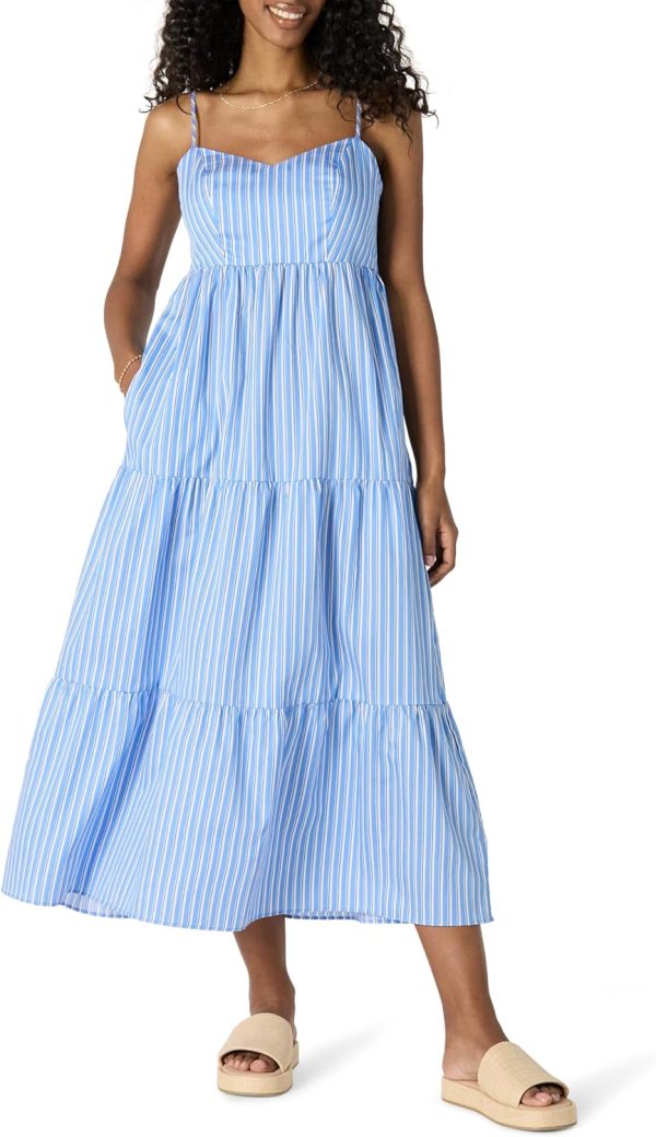 Women's Blue & White Fit and Flare Empire Waist Cotton Sateen Tiered Maxi Dress