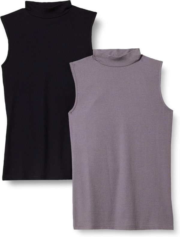 Womens Mock-Neck Slim-Fit Rib-Knit Sleeveless Sweaters Grey / Black