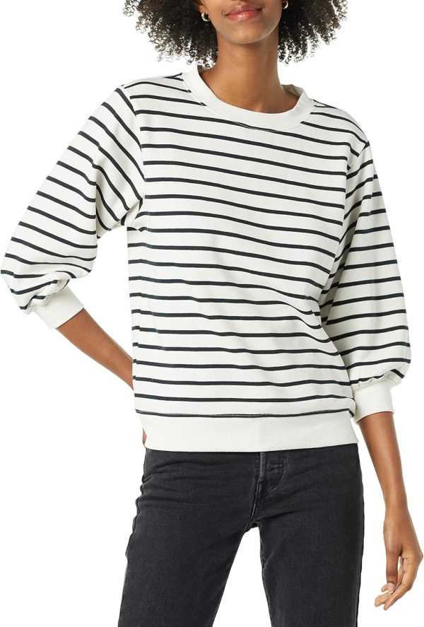 Women's French Terry Fleece Crewneck Sweatshirt with Sleeve Detail - White/Black