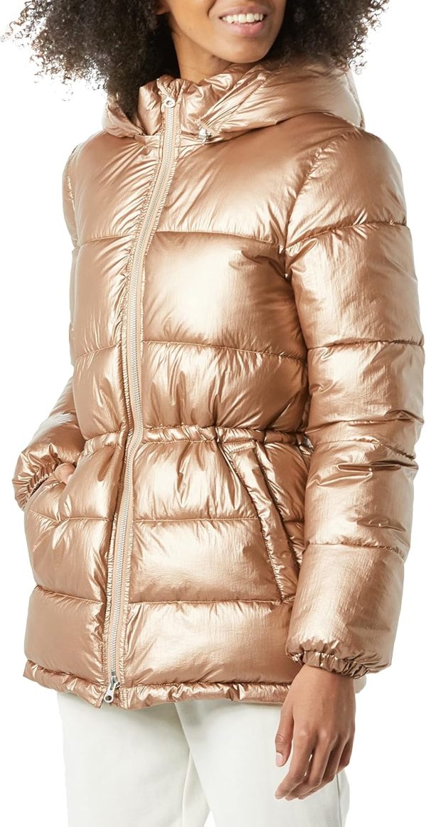 Womens Heavyweight Quilted Hooded Puffer Winter Adjustable Waist Jacket Brown