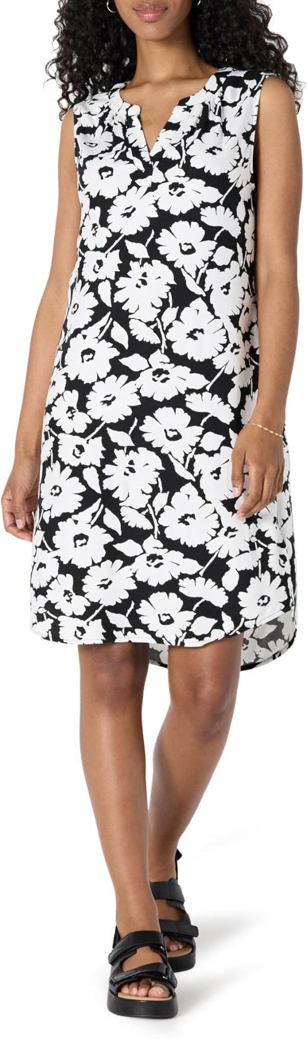 Black White Sleeveless Woven Shift Dress for Women