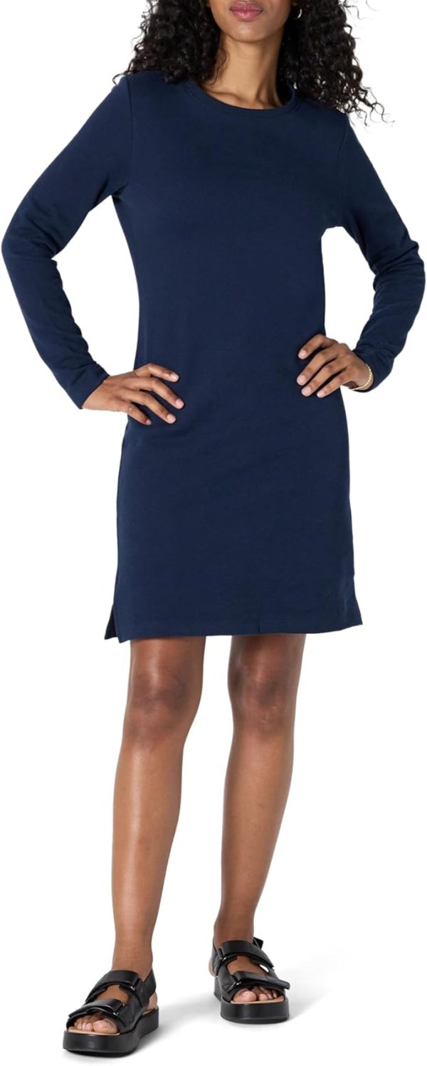Women's Navy Fleece Long Sleeve Crewneck Above Knee Dress - Cozy Winter Style