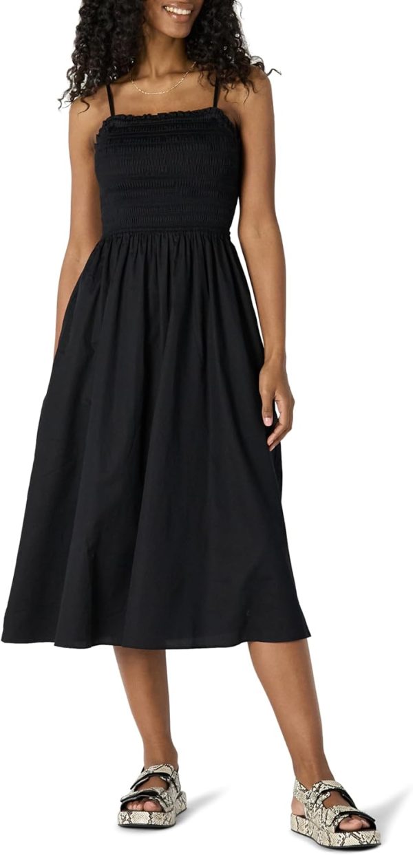 Black Women's Regular-Fit Cotton Sateen Smocked Bodice Midi Dress - Stylish & Comfortable