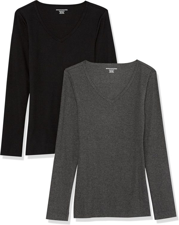 Black Grey Slim Fit Long Sleeve V-Neck Womens Knit Shirt