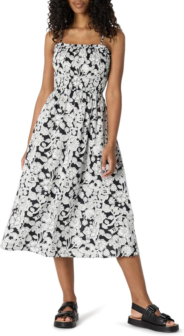 Black White Cotton Sateen Smocked Midi Dress for Women