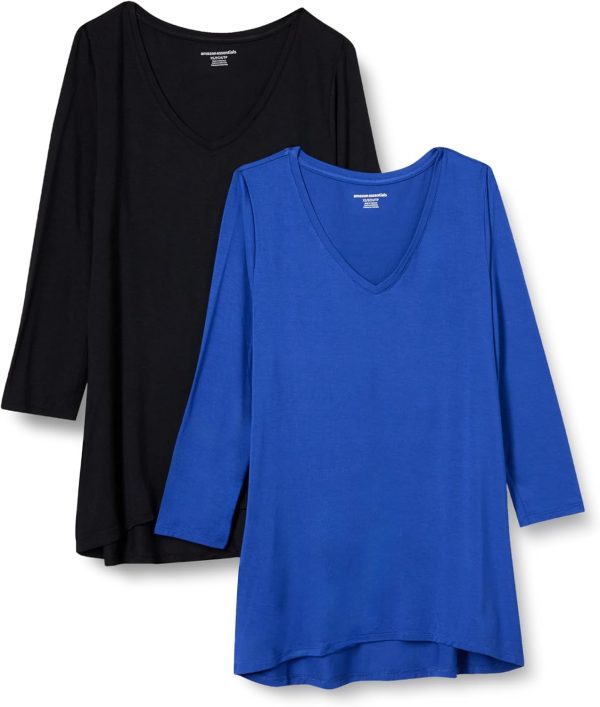 3/4 Sleeve V-Neck Swing Womens T Shirts Black / Royal Blue
