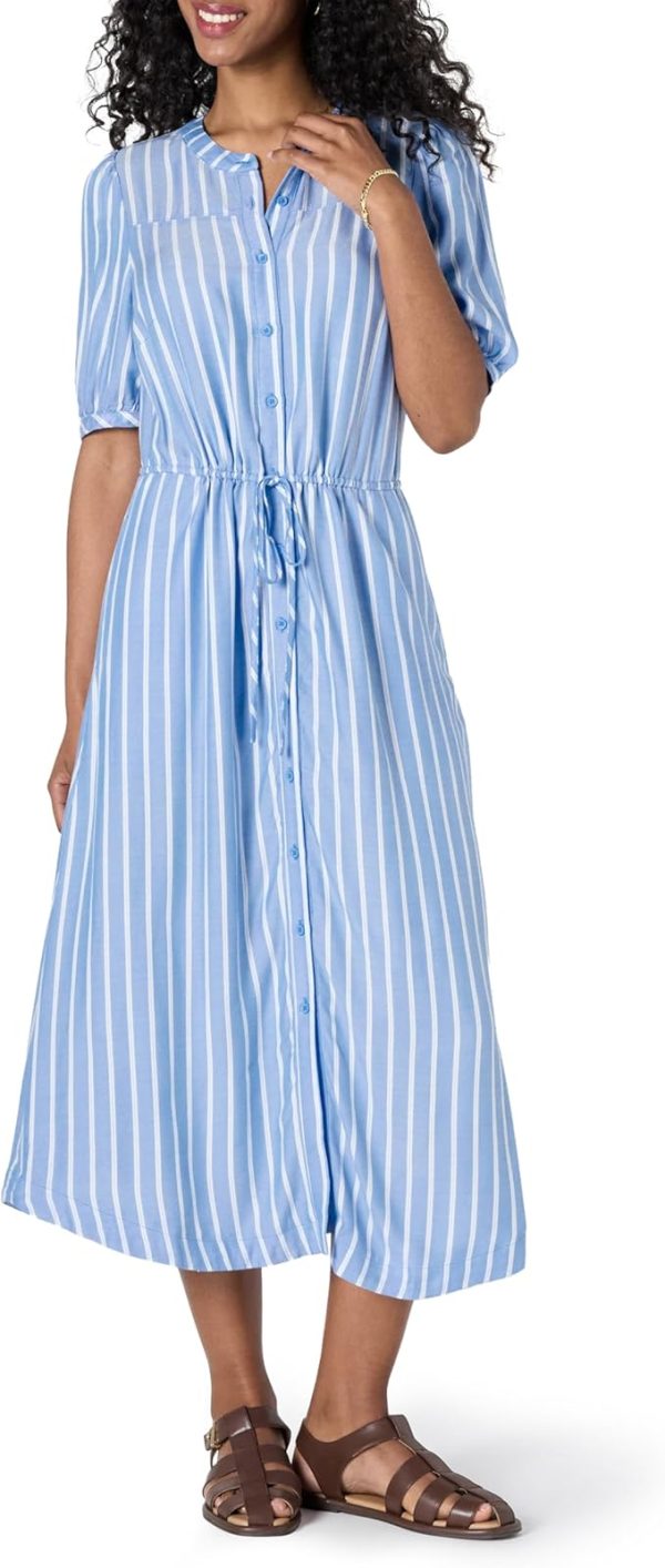 Blue & White Women's Relaxed Fit Midi A-Line Dress with Half Sleeves