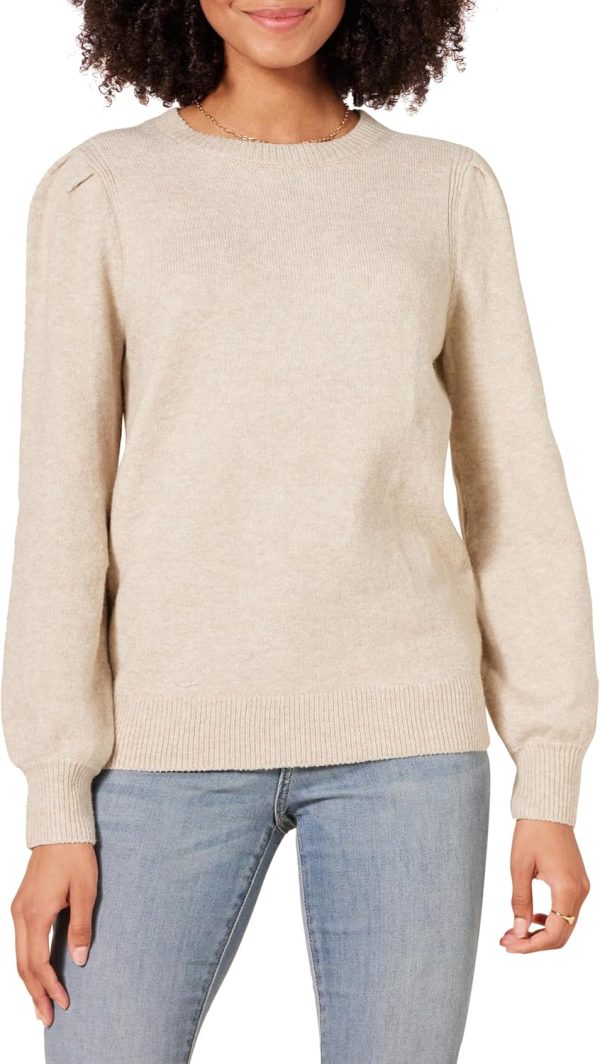 Beige Womens Soft Touch Pleated Shoulder Crewneck Sweaters