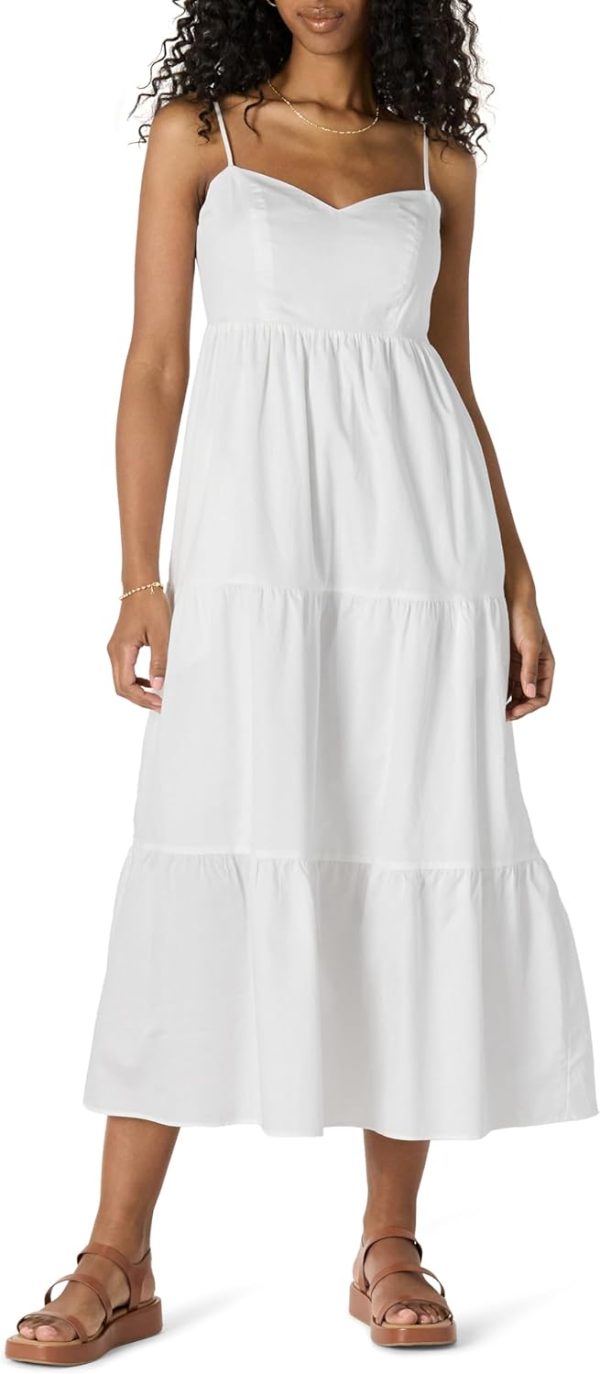 Women's Fit and Flare Empire Waist Cotton Sateen Tiered Maxi Dress - White